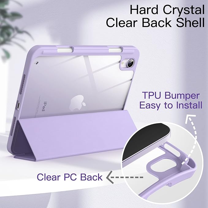 JETech Case for iPad mini (A17 Pro, 2024 Model, 7th Generation) / mini 6 (2021 Model, 6th Generation) with Pencil Holder, Clear Back Shell Slim Stand Tablet Cover, Auto Wake/Sleep (Purple)