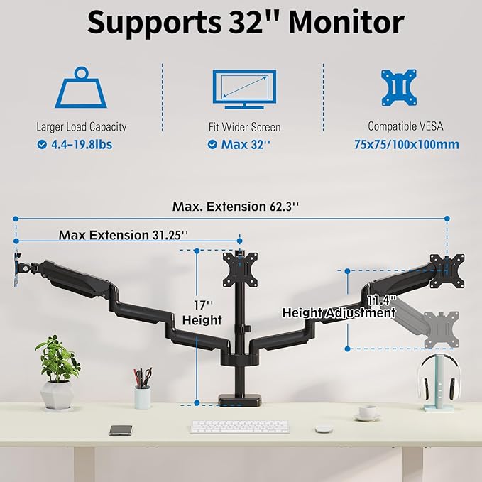 Triple Monitor Desk Mount for Computer Screens up to 32", Holds up to 19.8 lbs Each, 3 Monitor Arm, Heavy Duty Stand Vesa Mount 75x75, 100x100