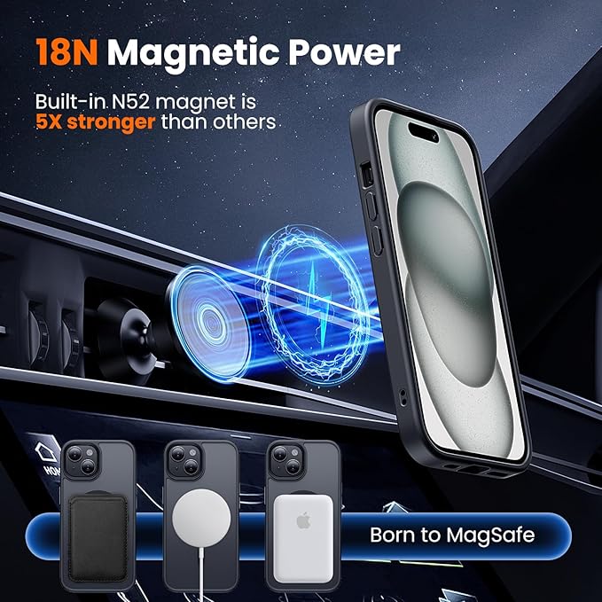 toushion 3 in 1 for iPhone 15 Case with MagSafe, Screen Protector*1 Camera Lens Protector*1,Matte Skin Feeling Back Cover Military-Grade Protection for iPhone 15 Phone Case 6.1 inch Matte Black