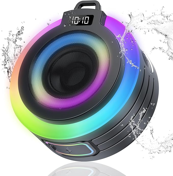 Bluetooth Shower Speaker, Portable Bluetooth Speaker Stereo Sound with Suction Cup/Lanyard, Built-in Mic, IPX7 Waterproof Wireless Speakers Bluetooth 5.4 for Bathroom/Party/Beach/Gift, Black