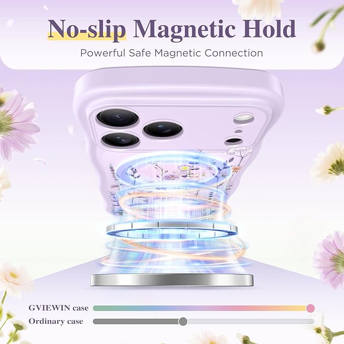 GVIEWIN for iPhone 17 Pro Max Case Compatible with MagSafe [Curly Wave Edge][Full Camera Protection] Floral Translucent Shockproof Magnetic Women Phone Case for 17 Pro Max, Floratopia/Purple