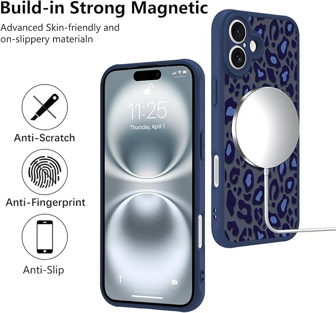 KANGHAR Case for iPhone 16 Blue Leopard Printed Pattern Cute Cheetah [Compatible with Magsafe] Protective Magnetic Case for Girls Women 6.1"