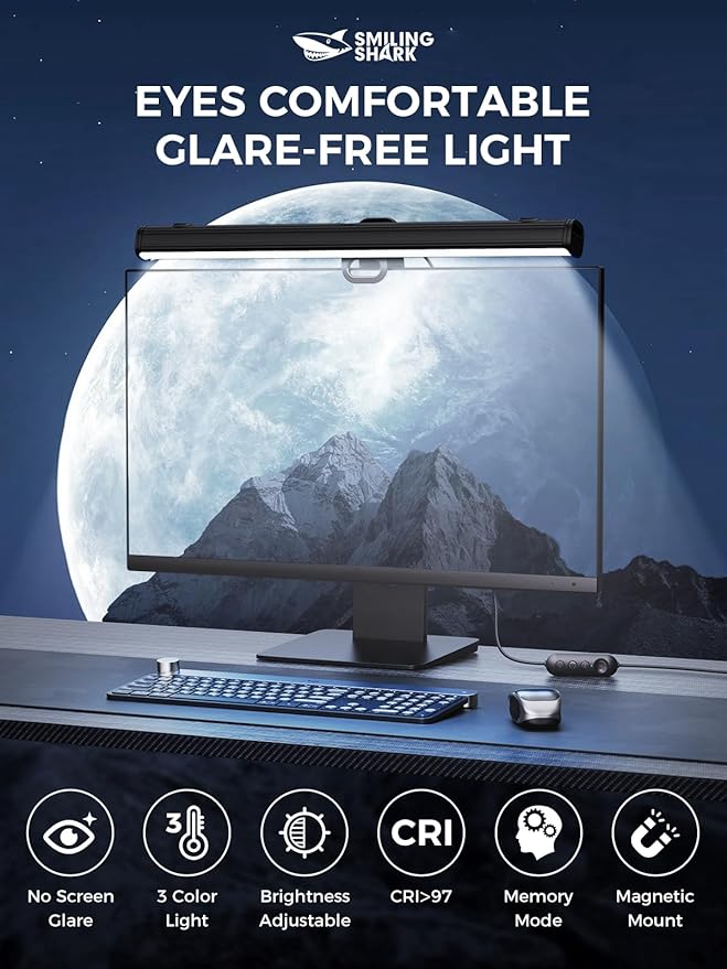 Smiling Shark Monitor Light, BY-03 Screen Light Bar No Glare Memory Mode Eye Caring 3 Color Temperature Dimmable 90°Rotatable USB Powered LED Monitor Lamp with Magnetic for Office Laptop