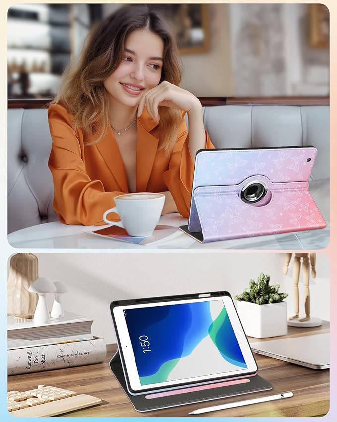 Kidcube for iPad 9th/8th/7th Generation Case 10.2 Inch - for Women Girls Kid Cute Rotating Stand Folio Cover with Pencil Holder & Card Slot Girly Kawaii Butterfly Design for iPad 9th/8th/7th Gen Cases