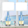 BesLowe 26in Tall Glass Table Lamps Set of 2 with 2 USB Charging Ports & LED Nightlight, Large Coastal Table Lamps for Living Room End Table, Modern Beach Lamps for Bedroom Bedside Nightstand, Blue