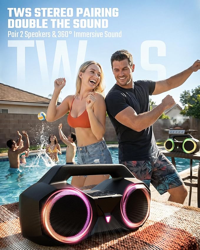 Bluetooth Speaker 80W(Peak)Loud with Bass, 20H Playtime, IPX7 Waterproof, RGB Lights, TWS, Large Portable Wireless Speakers for Outdoor, Home, Party, Pool, Beach, Tailgating, Gym, Work, Gifts (Black)