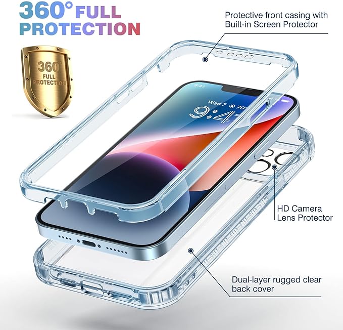 Diaclara Designed for iPhone 14 Plus Case, Full Body Rugged Case with Built-in Touch Sensitive Anti-Scratch Screen Protector, with Camera Lens Protector for iPhone 14 Plus 6.7" (Clear Blue)