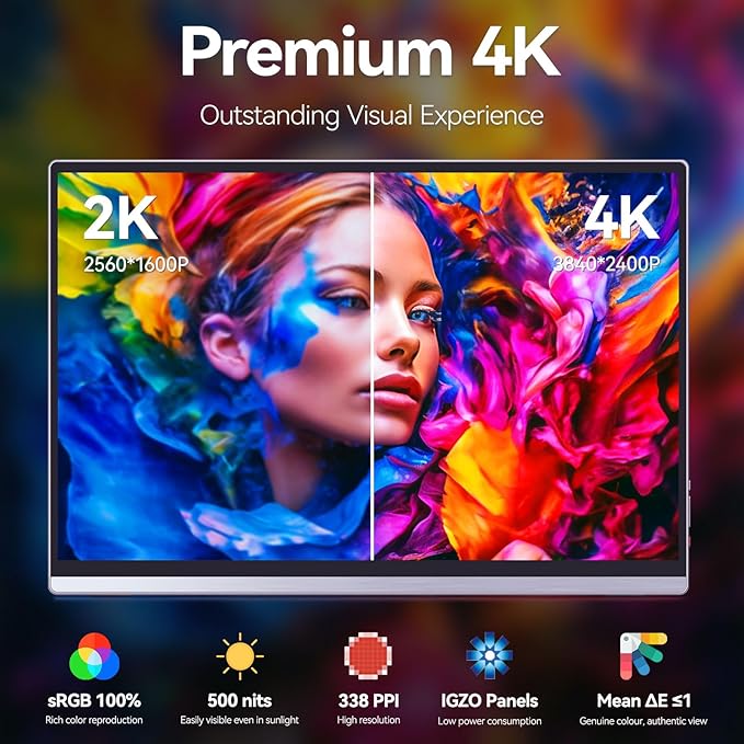 Intehill Portable Monitor 4k,Anti-Glare 13.4" 3840 * 2400 IGZO Screen, 4K Portable Travel Monitor, 1500:1,500 Nits Screen,HDR,sRGB 100%,Built-in Speakers,Dual USB-C,HDMI for Laptop Mac Phone PS5
