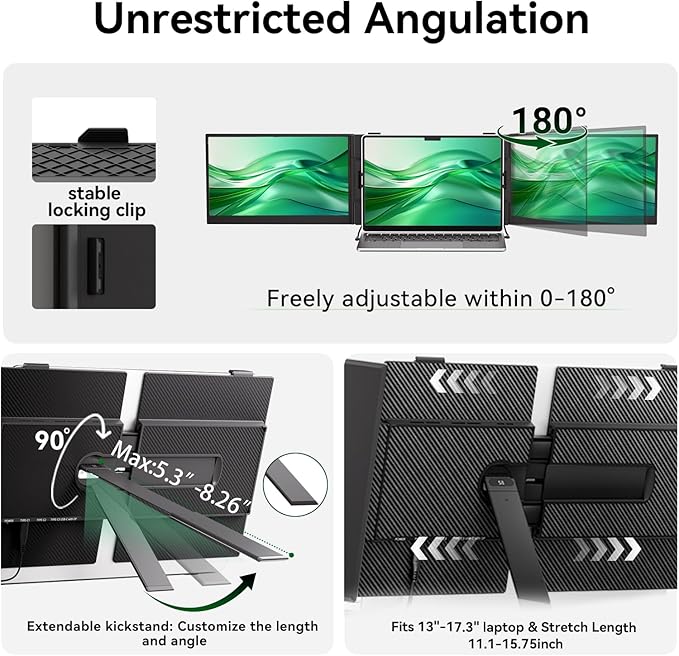 14" Triple Laptop Screen Extender, Ultra-Thin Lightweight FHD 1080P IPS Portable Monitor, Extended Dual Screen for Laptops 13-17.3" Compatible with Wins Mac Chrome Dex Phone Travel Work