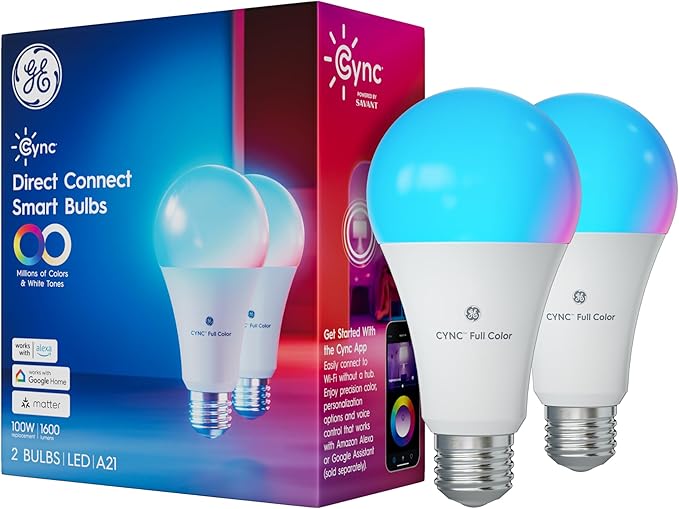 Cync GE Direct Connect A21 Smart LED Light Bulbs, Color Changing Smart Lights, Matter Compatible, Compatible with Alexa and Google Home (2 Pack)