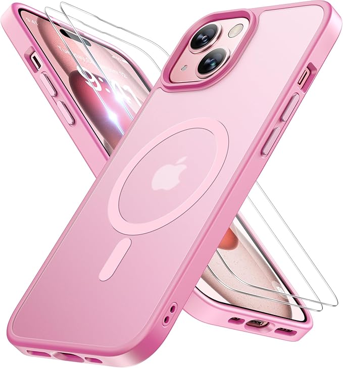 Miracase Magnetic for iPhone 15 Plus Case 6.7 inch (Compatible with MagSafe)（with 2X Screen Protectors） Military-Grade Protection, Anti-Fingerprint Translucent Matte Phone Cover, Mes Pink