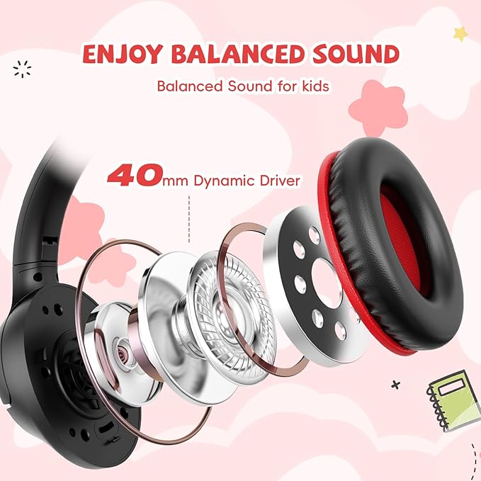 Kids Headphones Wired for School, 85/94dB Volume Limit, Wired Over Ear Headphones for Kids Boys Girls with Microphone, Stereo Sound 3.5mm Cord for Kindle Tablet Airplane Travel, Black Red