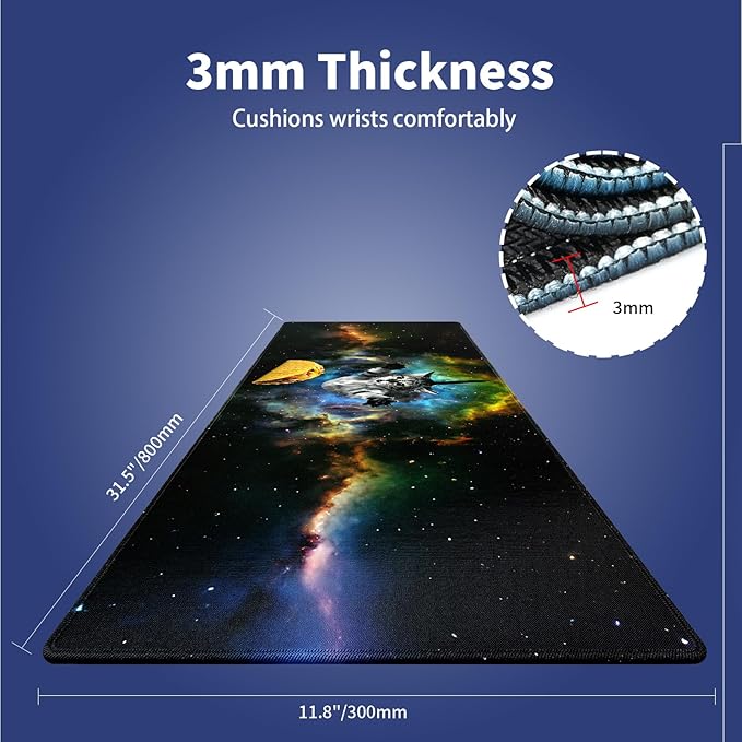 XXL Gaming Mouse Pad with Stitched Edges for PC Home & Office - Curious Cat Flying Through Galaxy Space Reaching for a Taco Cute Kitten Funny Design, Smooth Fabric Surface Large Desk Mat