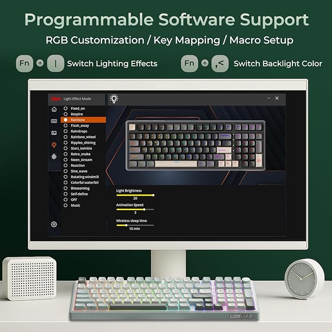 RK ROYAL KLUDGE R98 Pro Wireless Mechanical Keyboard, Creamy Bluetooth/2.4GHz/Wired RGB Gaming Keyboard with Number Pad and Knob, MDA Profile PBT Keycaps, Gasket Hot Swappable Tactile Switch, Green