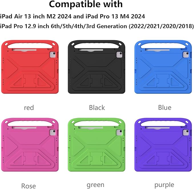 Kids Case for iPad Air 13 inch M4/M3/M2 (2026/2025/2024) & iPad Pro 13 inch M5/M4 (2025/2024) & iPad Pro 12.9 inch Case 6th/5th/4th/3rd Generation with Pencil Holder/Handle Stand Cover, Black