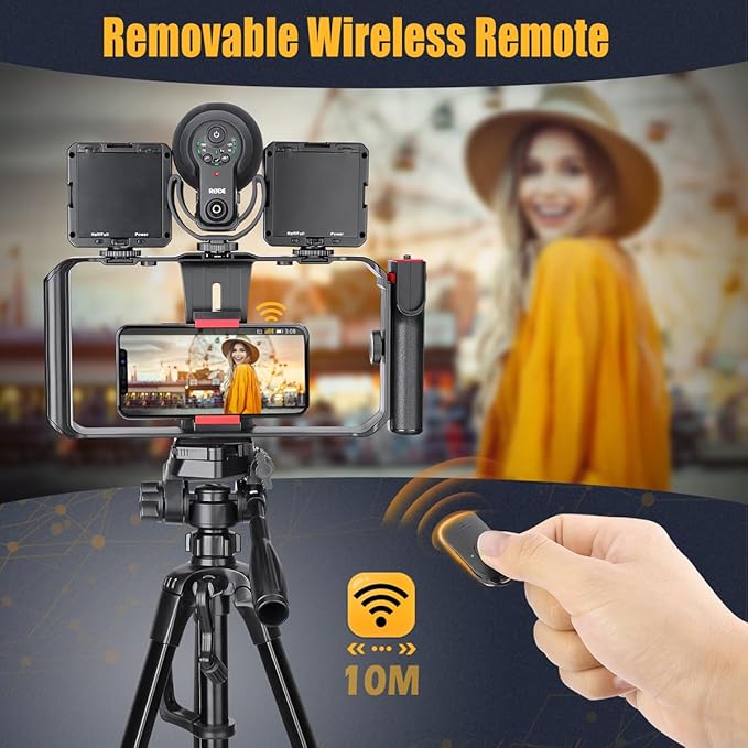 Smartphone Video Rig, Filmmaking Vlogging Cage, Phone Stabilizer Tripod Mount with Wireless Remote Shutter for All iPhone and Android Smartphones