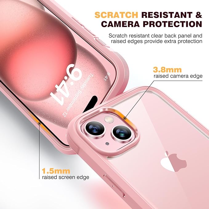 Diaclara Designed for iPhone 15 Plus Case 6.7 Inch,Full Body Rugged Case with Built-in Touch Sensitive Anti-Scratch Screen Protector+9H Tempered Glass Camera Lens Protector, Coral Pink