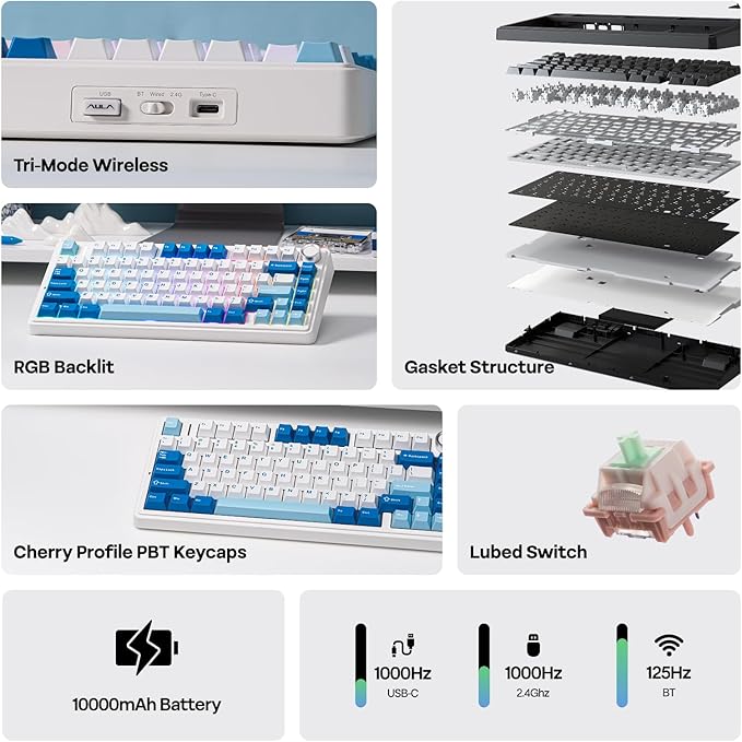 EPOMAKER x Aula F75 Ultra Wireless Gaming Keyboard with Knob, 10000mAh, Hot Swap, RGB, PBT Keycap, Creamy Sound, VIA, 75% Mechanical Keyboard for Win/Mac (Blue, Pink Mint)