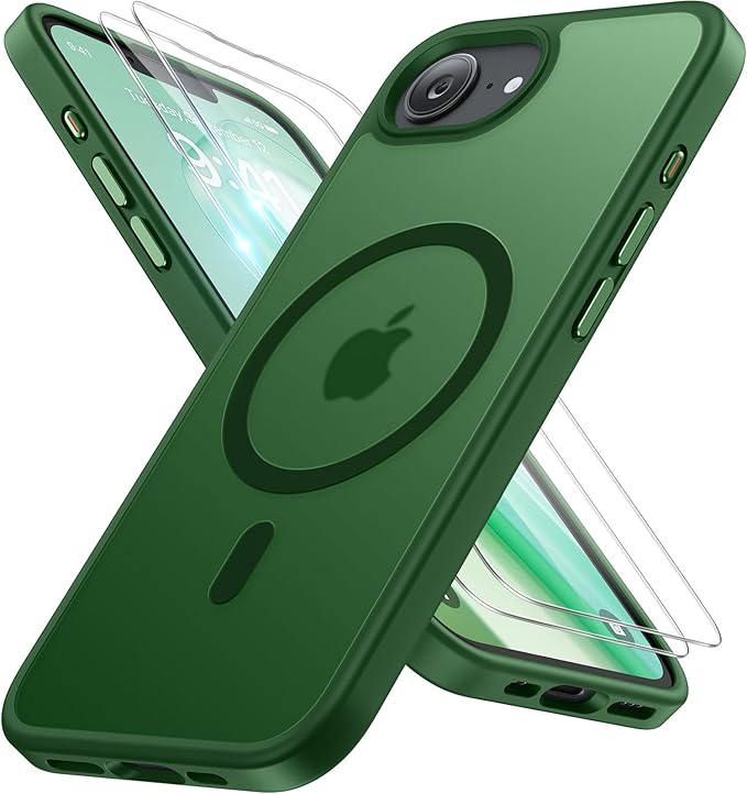 Miracase for iPhone 16e case & iPhone 17e Case for MagSafe [with 2×9H+ Screen Protectors] TOP Military-Grade Protection Shockproof with Velvet Touch for iPhone 16e/17e Phone Case 6.1", Dark Green