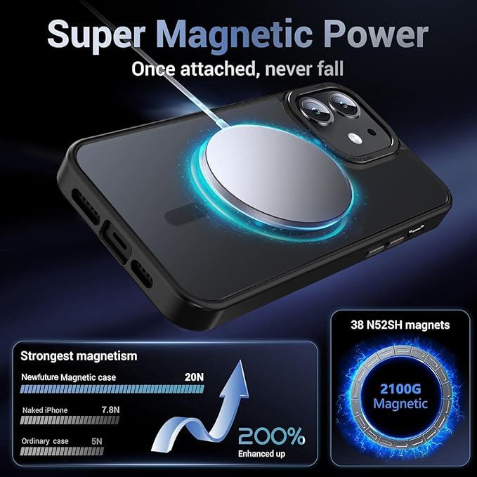 Newfuture Designed for iPhone 12 Case/iPhone 12 Pro Case with Magnetic [13 FT Military Drop Protection] [Compatible with Magsafe] Translucent Shockproof with Anti-Fingerprint Phone Case, Black