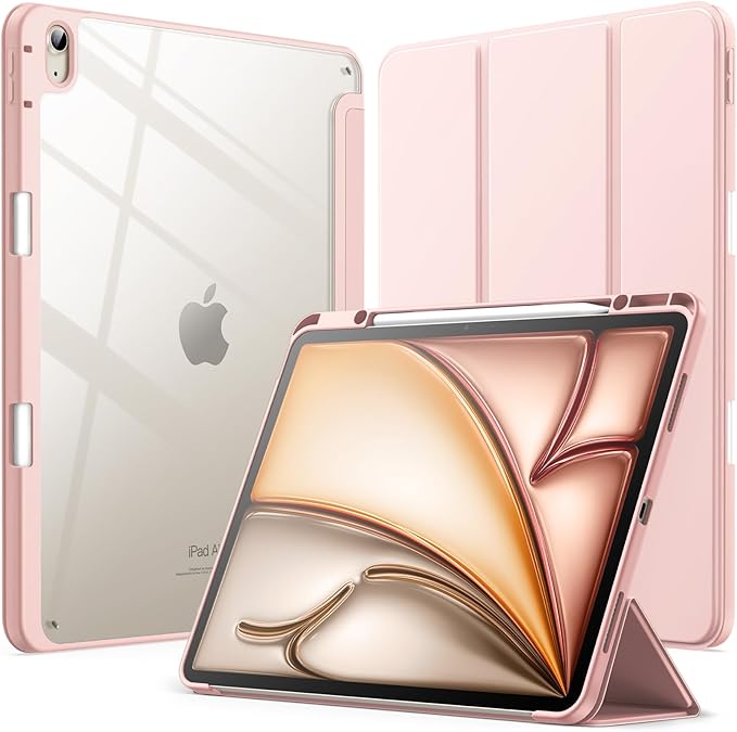JETech Case for iPad Air 13-Inch M4/M3/M2 (2026/2025/2024) with Pencil Holder, Clear Transparent Back Shell Slim Stand Shockproof Tablet Cover, Auto Wake/Sleep (Sandy Pink)
