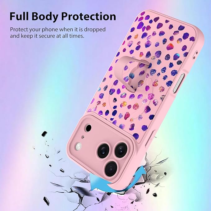 KANGHAR Compatible with iPhone 17 Pro Max Case, Support for MagSafe, Silicone Cute Iridescent Pattern Leopard Print Cheetah, Wristband Kickstand Shockproof Soft Slim Cover for Girls Women, Pink