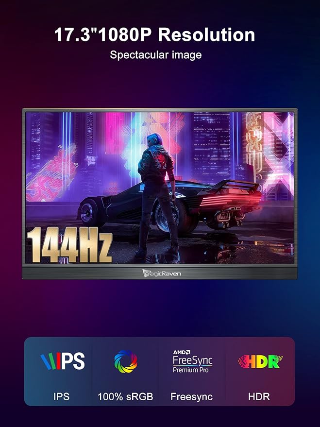 MAGICRAVEN 144HZ Portable Gaming Monitor, 17.3" 1080P Laptop Monitor, Dual USB C HDMI Second Computer Screen, VESA Gaming Display with Speakers, Travel Monitor for PS4/5 Xbox Switch MAC PC Phone