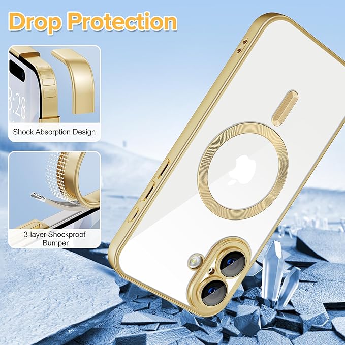 Hython Magnetic Clear for iPhone 17 Case with Camera Lens Protector [Compatible with MagSafe] Luxury Plating Edge Slim Soft TPU Cover Protective Phone Case for iPhone 17 6.3", Matte Gold