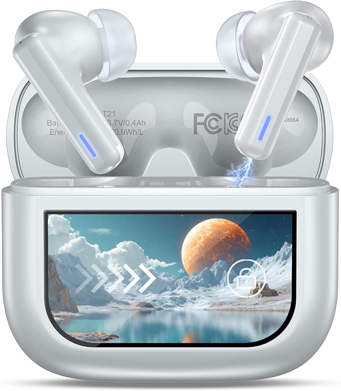 Wireless Earbuds Bluetooth Headphones, ANC/ENC Noise Cancelling, Ear Buds with Multifuntional Touch Screen, 40H Stereo Sound for Sports, IPX7 Clear Calls, 5 EQ for iOS Android (Light Gray)