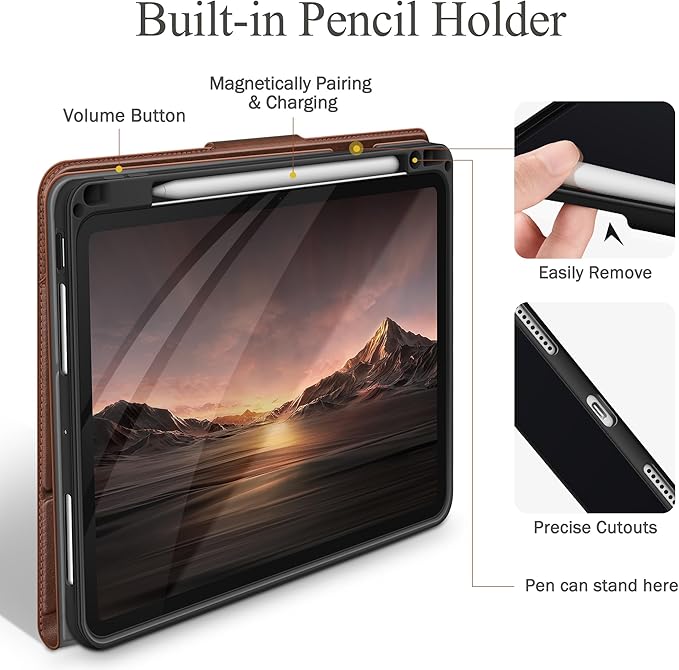 auaua Case for iPad Pro 13 Inch (M5/M4) 2025/2024, with Pencil Holder and Pocket, Multiple Viewing Angles, Magnetic Closure, Auto Sleep/Wake (Brown)