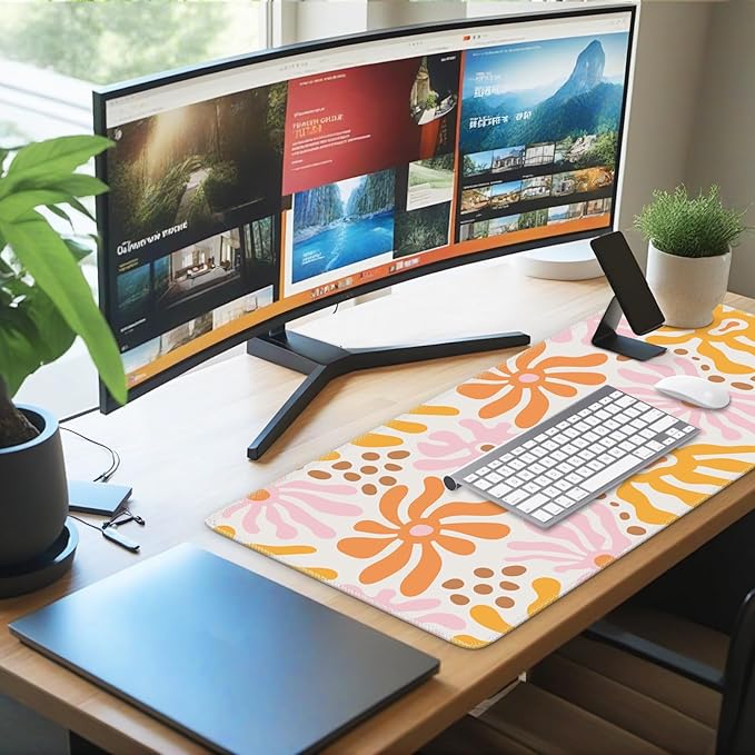 iCasso Desk Matt for Desktop, Cute Desk Pad Mat, XXL Large Mouse Pad, Anti-Slip Big Mousepad with Stitched Edges, Keyboard Pad Mouse Mat for Computer, Work, Gaming (Yellow Flower)