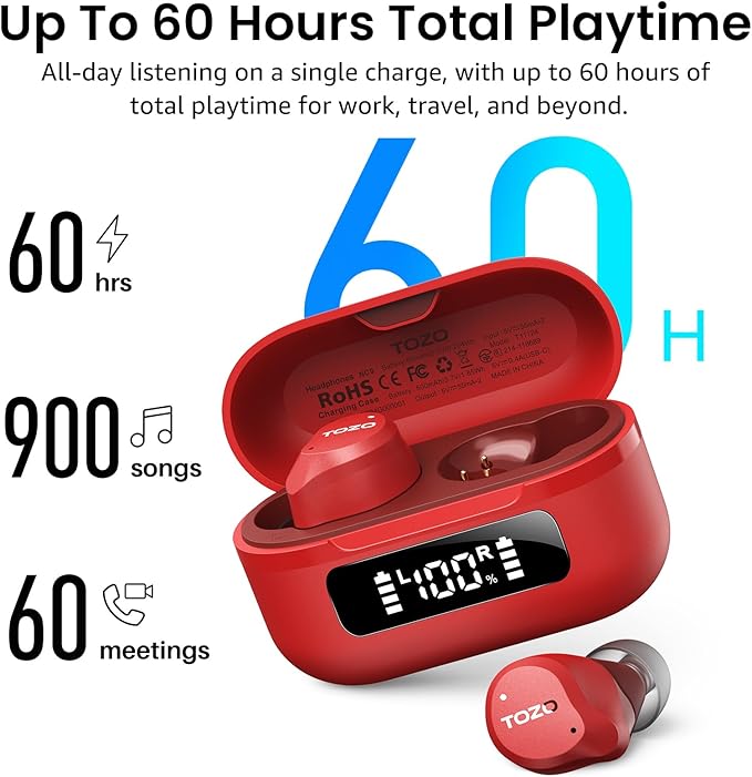 TOZO NC9 Hybrid Active Noise Cancelling Wireless Earbuds, 6 Mics ENC Clear Call, IPX8 Waterproof, in Ear Bluetooth 5.3 Headphones Stereo Bass Ear Buds 60H Playtime with LED Display 32 EQs via APP