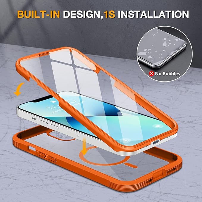 Miracase for iPhone 13 Case 6.1'',Full-Body Magnetic Clear Bumper Case with Built-in 9H Tempered Glass Screen Protector,Military Drop Protection Outdoor Phone Case,Orange