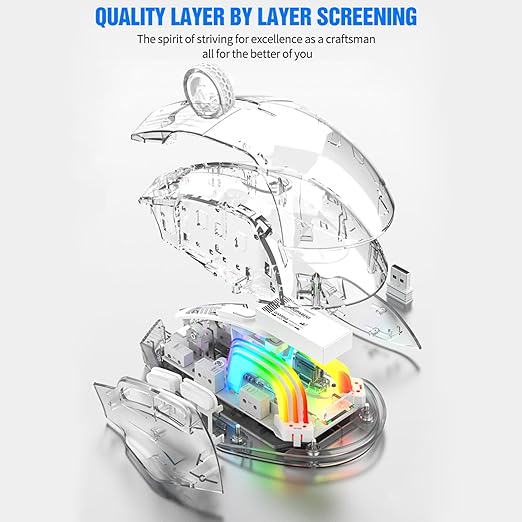 HXMJ-Wireless Gaming Mice with Transparent Crystal Shell,Tri-Modes (USB Wired+2.4G Wireless+Bluetooth),Silent Click,RGB Backlit-White