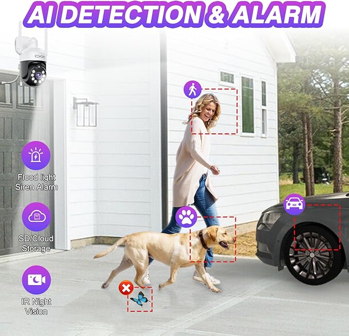 CKK 2K Security Camera Wireless Outdoor, 2.4G/5G Wireless, 360 Degree PTZ, PIR Motion Detection, Color Night Vision, 2-Way Talk, IP66 Waterproof, Audible & Floodlight Alarm for Home, Garage and Yard