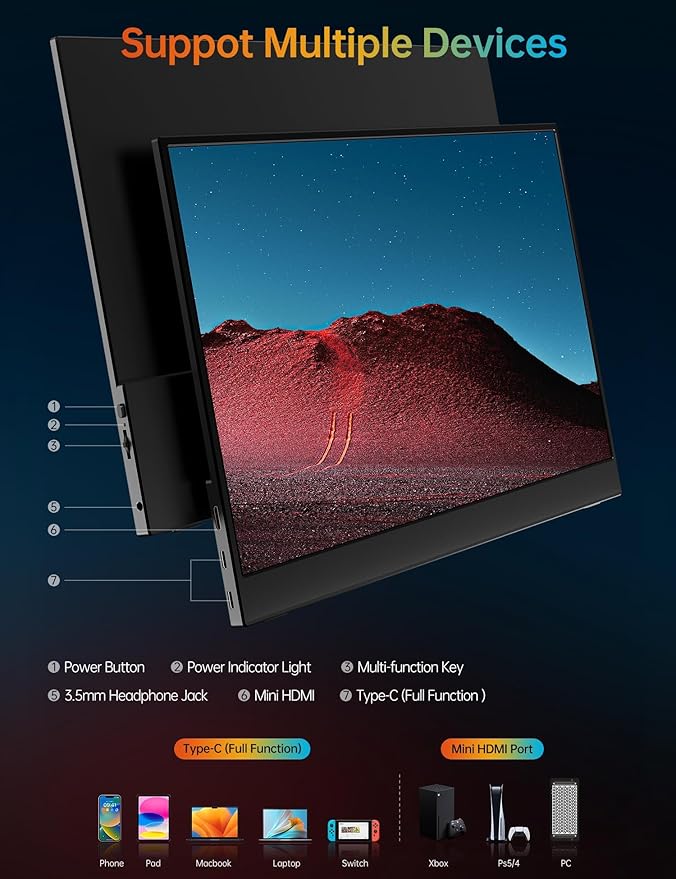 VILVA Portable-Monitor-for-Lapto - 15.6'' 1080P FHD IPS Display USB-C HDMI Portable Monitor for Laptop with Cover and Speakers External Monitor for Laptop/PC/Mac/Phone/Xbox Switch/PS4/