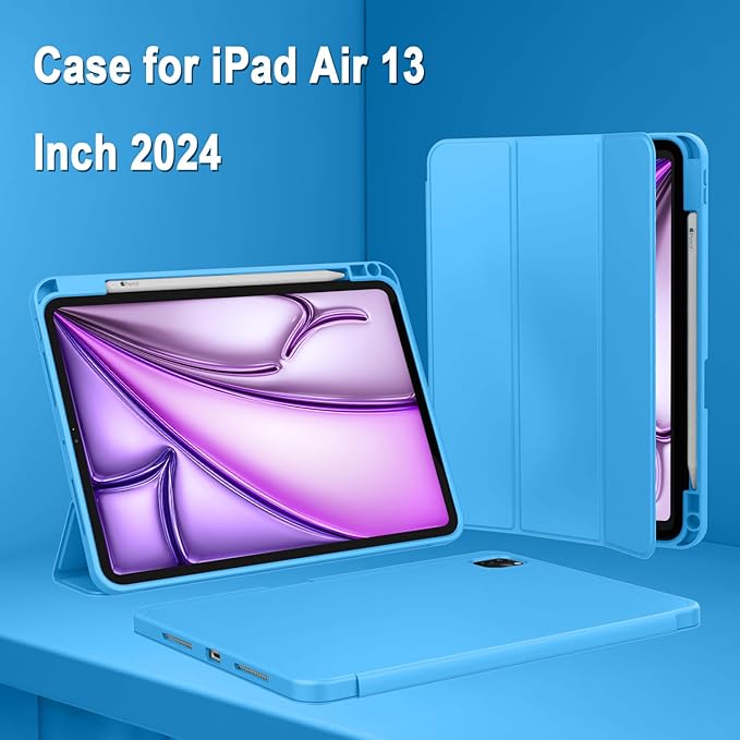 ZryXal New iPad Air 13 Inch Case M3 2025/M2 2024 with Pencil Holder, Trifold Stand Smart Case with Soft TPU Back,Auto Wake/Sleep(Ocean Blue)