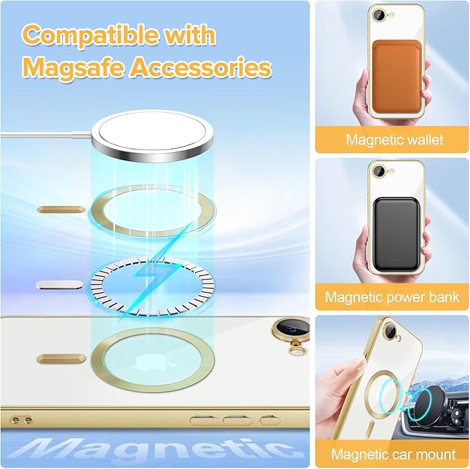 Hython Magnetic Clear for iPhone 17e Case with Camera Lens Protector [Compatible with MagSafe] Luxury Plating Edge Slim Soft TPU Cover Protective Phone Case for iPhone 17e 6.1", Matte Gold