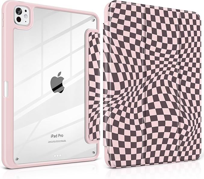 Case for iPad Pro 13 inch (M5) 2025 (M4) 2024 Release with Pencil Holder - Aesthetic Cute Design Trifold Cover with Soft TPU Bumper Clear Back Auto Sleep/Wake for Girls Women, Abstract lattice