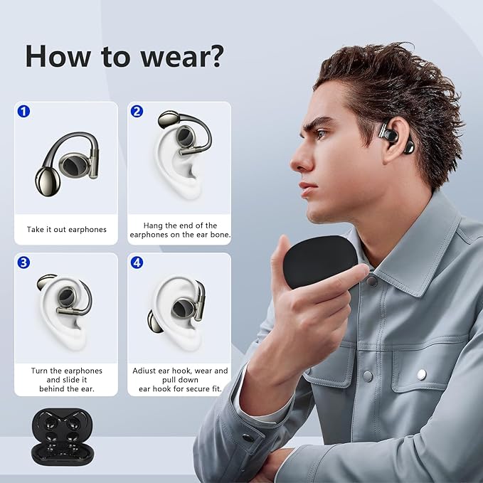 Open Earbuds True Wireless Bluetooth Earphones with Microphone, Bluetooth 5.4 Over Ear Earbuds with Earhook, 40H Playtime Ear Buds, Open Earphones Fit Sport, Running, Workout