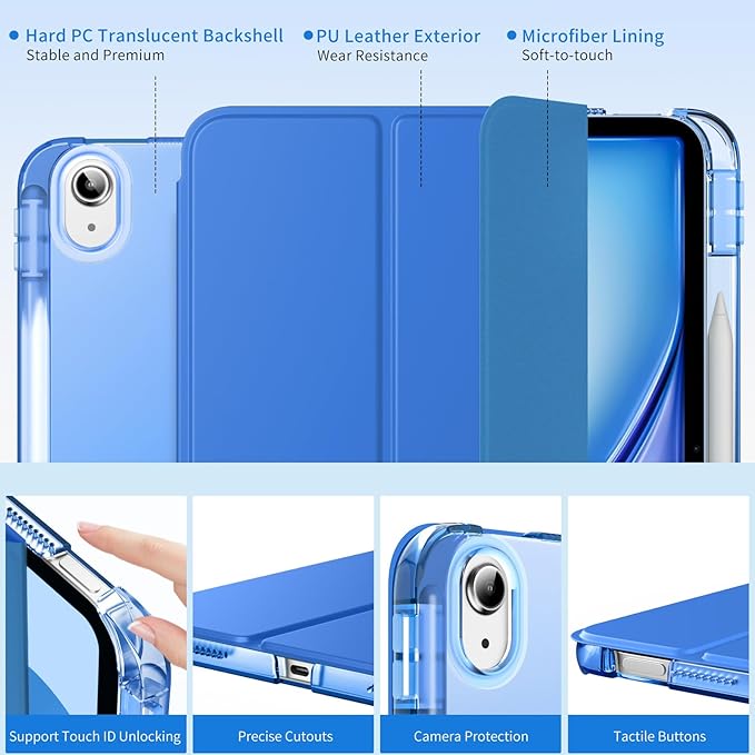 MoKo for iPad Air 11 inch Case (M4/M3/M2) 2026/2025/2024, iPad Air 5th/4th Gen 10.9 inch Case 2022/2020 with Pencil Holder, Slim Light Trifold Cover with Hard PC Translucent Back Shell, Cobalt Blue
