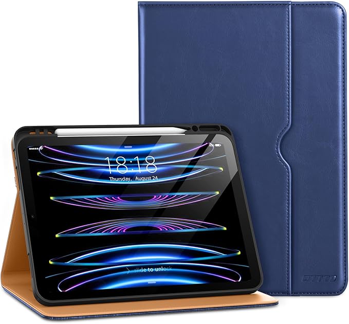 DTTO for iPad Pro 12.9 6th / 5th / 4th / 3rd Generation Case 2022/2021/2020/2018, Leather Folio Stand Cover with Built-in Apple Pencil Holder -Auto Wake/Sleep and Multi Viewing Angles, Navy Blue