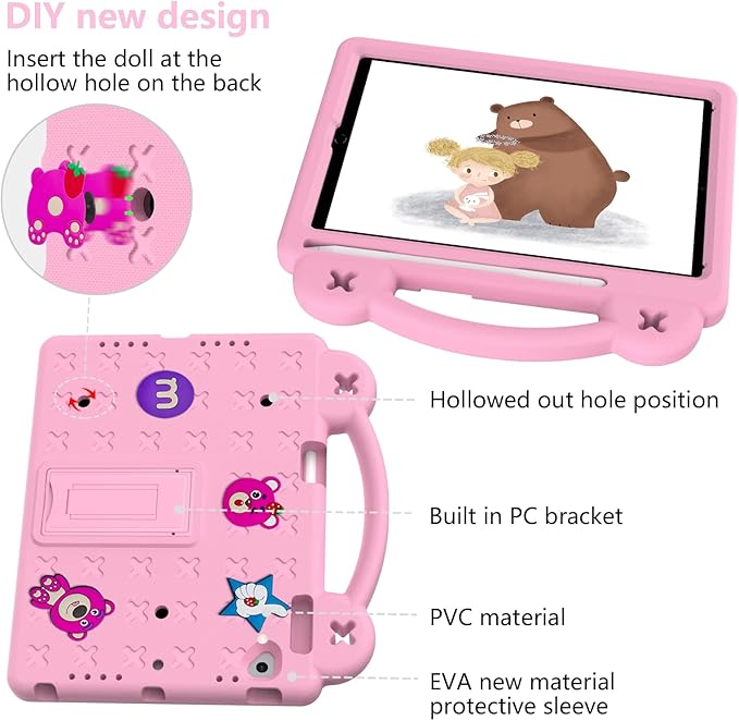 Dteck Kids Case for iPad 9.7 Inch 6th/5th Gen 2018/2017 & iPad Air 2/1 & iPad Pro 9.7,Strawberry Panda Shockproof Rugged Lightweight Pencil Holder Convertible Handles Stand Kids Friendly Case,Pink