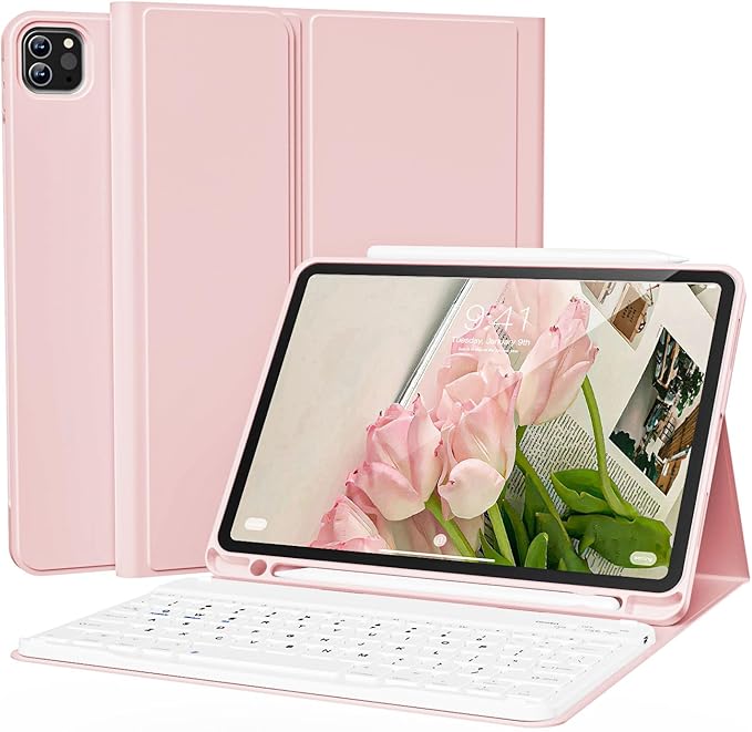 Keyboard Case for iPad Pro 11 Inch 4th Generation/Pro 3rd Gen/Pro 2nd Gen with Pencil Holder, Folio Detachable Wireless Bluetooth Keyboard & Flip Stand Case for iPad Pro 11 Inch, Pink