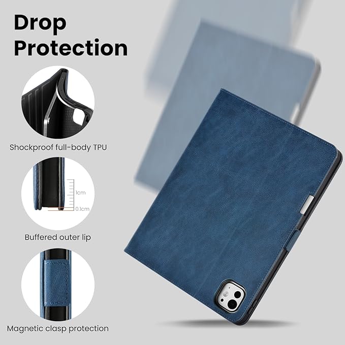 Handmade Case for iPad Pro 13 Inch (M5/M4) 2025/2024 with Pencil Holder Pocket,Magnetic Closure,Auto Sleep/Wake,Vegan Leather Folio Protective Cover,Multi Angles Stand,Dark Blue