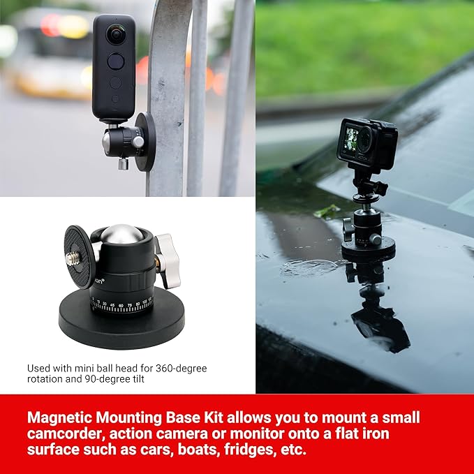 PROfezzion Magnetic Mount for GoPro, Strong Manget Base with Detachable 360° Rotation Ball Head for GoPro Hero 13/12/11/10/9/8/7/6, Insta360 X5/X4/X3/Ace/Ace Pro, DJI Osmo Action 5/4/3 Action Cameras