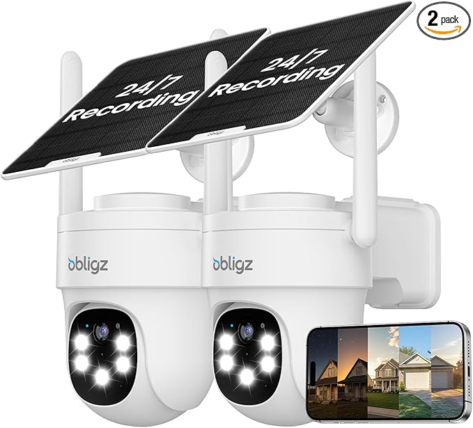 Solar Camera Security Outdoor - AOV 24/7 Recording Security Cameras Wireless Outdoor with 360° View, Human Auto Tracking, 2K Night Vision, Compatible with Alexa/Google Assistant (2 Pack)