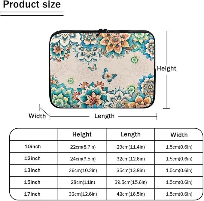 Boho Flower Butterfly Laptop Protective Sleeve for Women Computer Sleeve 13 Inch Laptop Case Bag Portable Computer Carrying Case Suitable GITS for Men Teens