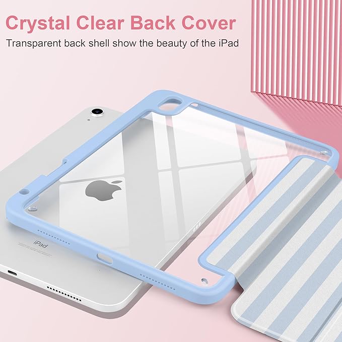 Case for iPad Air 13 inch M4 2026 M3 2025 M2 2024 with Pencil Holder - Cute Preppy Coastal Design Aesthetic Blue White Striped Trifold Cover with Soft TPU Bumper, Clear Back, Auto Sleep/Wake