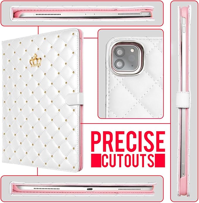 Changjia for iPad Pro 12.9 Inch Case 6th/5th/4th/3rd Generation (2022/2021/2020/2018),Crown Diamond Bling Cute PU Leather Smart Auto Sleep/Wake Stand Shockproof Protective Case for iPad 12.9Inch,White